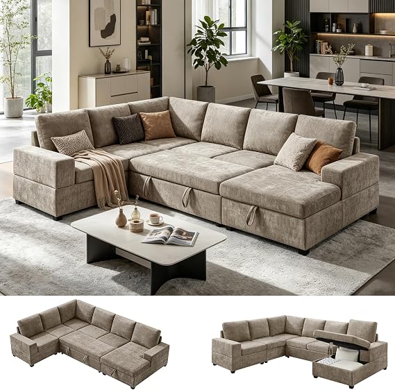 VANOMi Sectional Sleeper Sofa with Pull Out Bed, Sofa with Storage, Camel