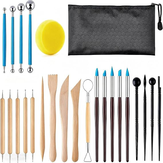 25 Pcs Polymer Clay Tools,Clay Sculpting Ball Stylus Dotting Modeling & Pottery Carving Tools (Stainless Steel & Wooden) w/Storage Bag, for Beginners & Pros Ideal for Sculpting Embossing Mandala Do
