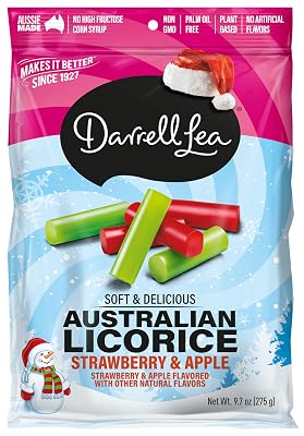 Darrell Lea Holiday Combo Soft Australian Licorice, Strawberry & Apple Flavored, Kosher, Non GMO, 9.7 Ounces 9.7 Ounce Pack of 12