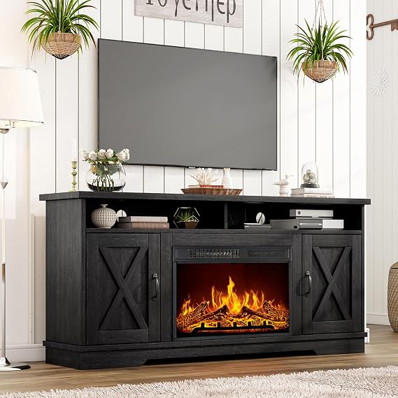AMERLIFE 63" Farmhouse Fireplace TV Stand with 26" Electric Fireplace