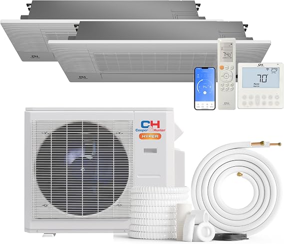 Cooper & Hunter 19,000 BTU Hyper Heat 2-Zone Ceiling Cassette Mini Split | 6K+6K BTU, Works at -22F, 22 SEER2, 1-Way Airflow, 25FT Installation Kits, Inverter, 230V, Cold Climate Heating & Cooling