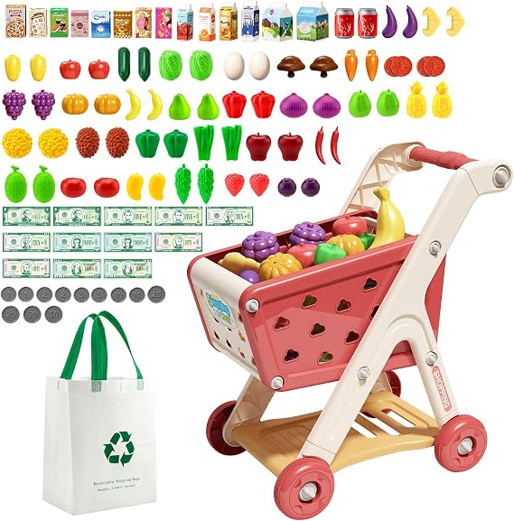 Jovow 102pcs Kids Shopping Cart with Pretend Food & Accessories (Red) | Perfect for Ages 3+ Pretend Play and Role-Playing Games