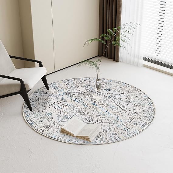 Round Rug for Living Room, 5Ft Round Washable Rug, Boho Small Circle Kitchen Area Rugs, Non Slip Low Pile Circular Rugs, Soft Round Carpet for Bedroom, Office, Kitchen Entryway, Bathroom (Beige)
