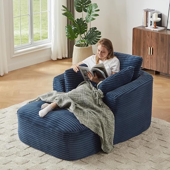 Chaise Lounge Chair Indoor, Modern Corduroy Cloud Boneless Compressed Fluffy Foam Sleeper Lounge Sofa Chair with Back Cushion & Pillows for Living Room Bedroom Office, No Assembly Required, Blue