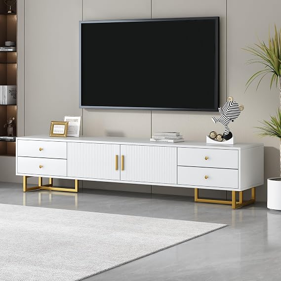 Modern TV Stand with Drawers for TVs up to 75'', Media Console Storage Cabinet Entertainment Center Furniture for Living Room Bedroom, Gold Metal Legs, 70.9-Inch, White