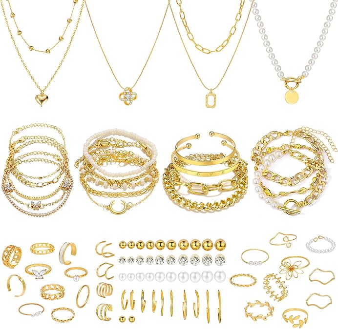 NEWITIN 88 Pieces Gold Jewelry Set for Women Fashion Costume Jewelry Gold Plated Necklace Bracelet Ring Ear Cuff Earrings Set for Women