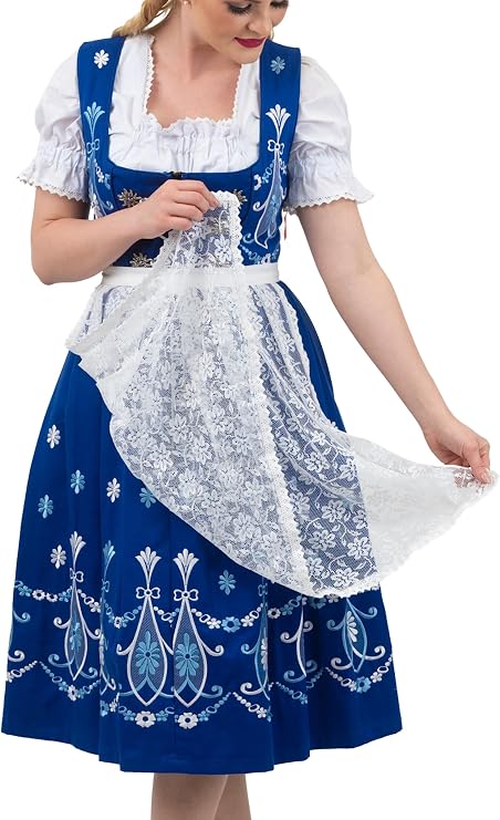 Dirndl Trachten Haus 3 Piece Long Blue Women's Bavarian Dirndl Dress for German Oktoberfest