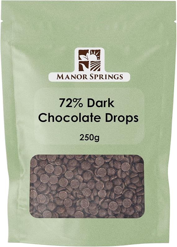 72% Dark Chocolate Drops 250g by Manor Springs for Baking, Desserts, Cookies, Cakes, Muffins, Cupcakes & Decorating