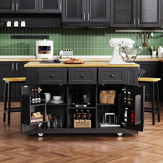 YOPTO 53" Large Kitchen Island with Drop Leaf,Power Outlet & Door Internal Storage Rack,Rolling Kitchen Cart on 5 Wheels W/ 5 Open Side Racks for Kitchen,Dining Room,Black(Not Include bar stools)