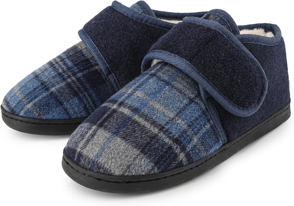 riemot Men's Adjustable Diabetic Slippers for Swollen Feet, Wide Fit House Slippers with Memory Foam, Warm Bootie Slippers Non-Slip Indoor Outdoor Comfort Shoes for Elderly, Arthritis & Edema US9-12
