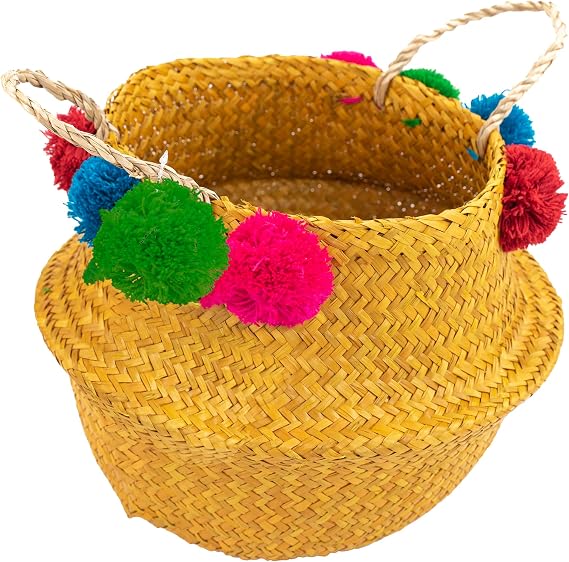 Dyed Seagrass Belly Basket with 8 Pompoms And Handle. (Yellow(Small))