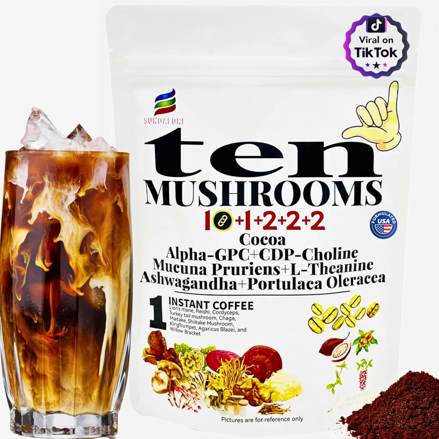 SUNDAFONE 17-in-1 Mushroom Coffee Powder with L-Theanine，Alpha-GPC，Ashwagandha for Boost Brainpower,Sharpen Focus,Lift Mood,Ease Stress,Support Heart & Immunity, 60 Servings Instant 10 Mushroom Coffee