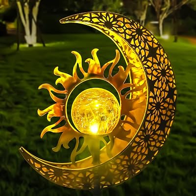 Solar Christmas Gifts Garden Statues Outdoor Decor, Moon Sun Figurine Light Stake, Housewarming Ornament for Patio, Lawn, Yard, Pathway - Unique Gift Ideas for Gardening Mom Grandma