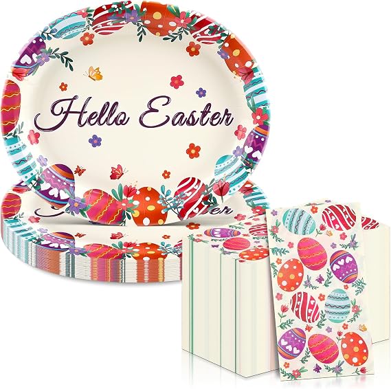 50Pcs Easter Oval Paper Plates and Napkins Sets -10" x 12" Large Disposable Party Plates and Rectangle Napkins for Easter Party Supplies