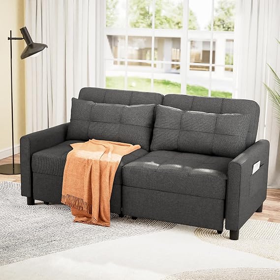 Aiho Pull Out Couch - 58" Loveseat Sofa Bed, Convertible with Separate Ottoman & Adjustable Backrest, 3-in-1 Sleeper for Small Apartment, Dark Gray