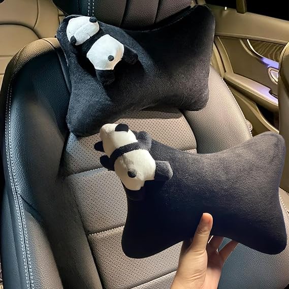 2Pcs Car Headrest Pillow Bear Bunny Panda Memory Foam Neck Pillow (Black)