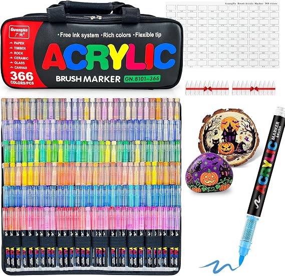Guangna 366 Acrylic Paint Markers, Brush Tip Acrylic Paint Pens, Quick-Drying Waterproof Ink, for Rock Painting Plastic Wood Canvas Glass Ceramic Metal Art Crafts Supplies Gift