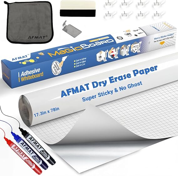 AFMAT White Board Sticker, Dry Eraser Paper for Wall, Upgrade PET-No Ghost, 1.45 x 11 ft, Stain-Proof Peel and Stick Film Self Adhesive Wall Paper Roll for Classroom/Office, 3 Dry Erase Marker WS01