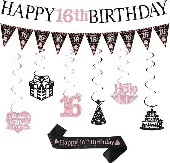 16th Birthday Party Decorations - Black Rose Gold Happy 16th Birthday Banner Pennats Hanging Bunting Sash Kit, Ideal 16 Years Old Bday Girls Supplies with Ribbon