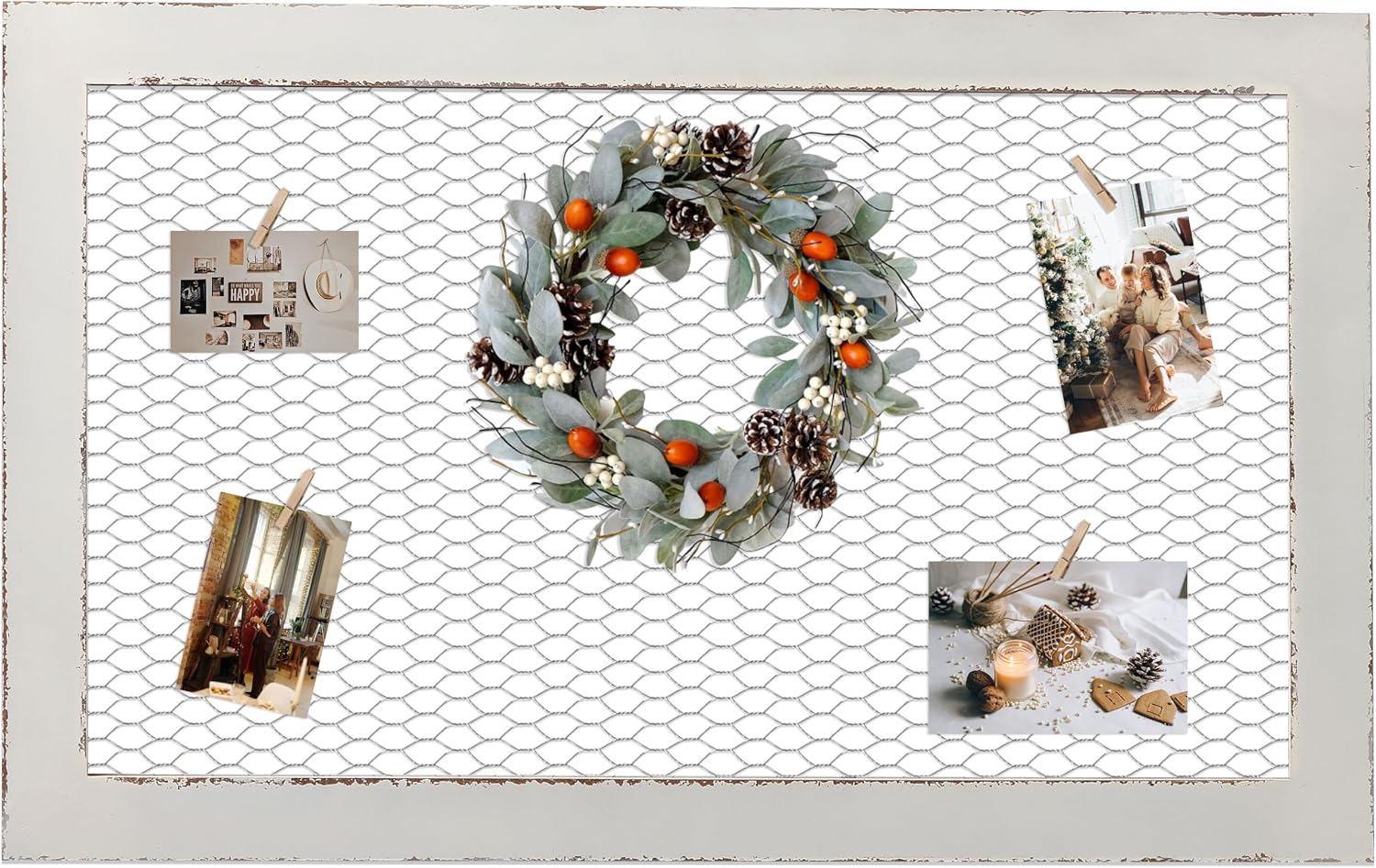 SOFE Chicken Wire White Framed Bulletin Boards for Walls, Wooden Grid Shelf for Jewelry Organizer, Decorative Notice Memo Board or Vision Board, Hanging Photo Display Board for Home Office Wedding