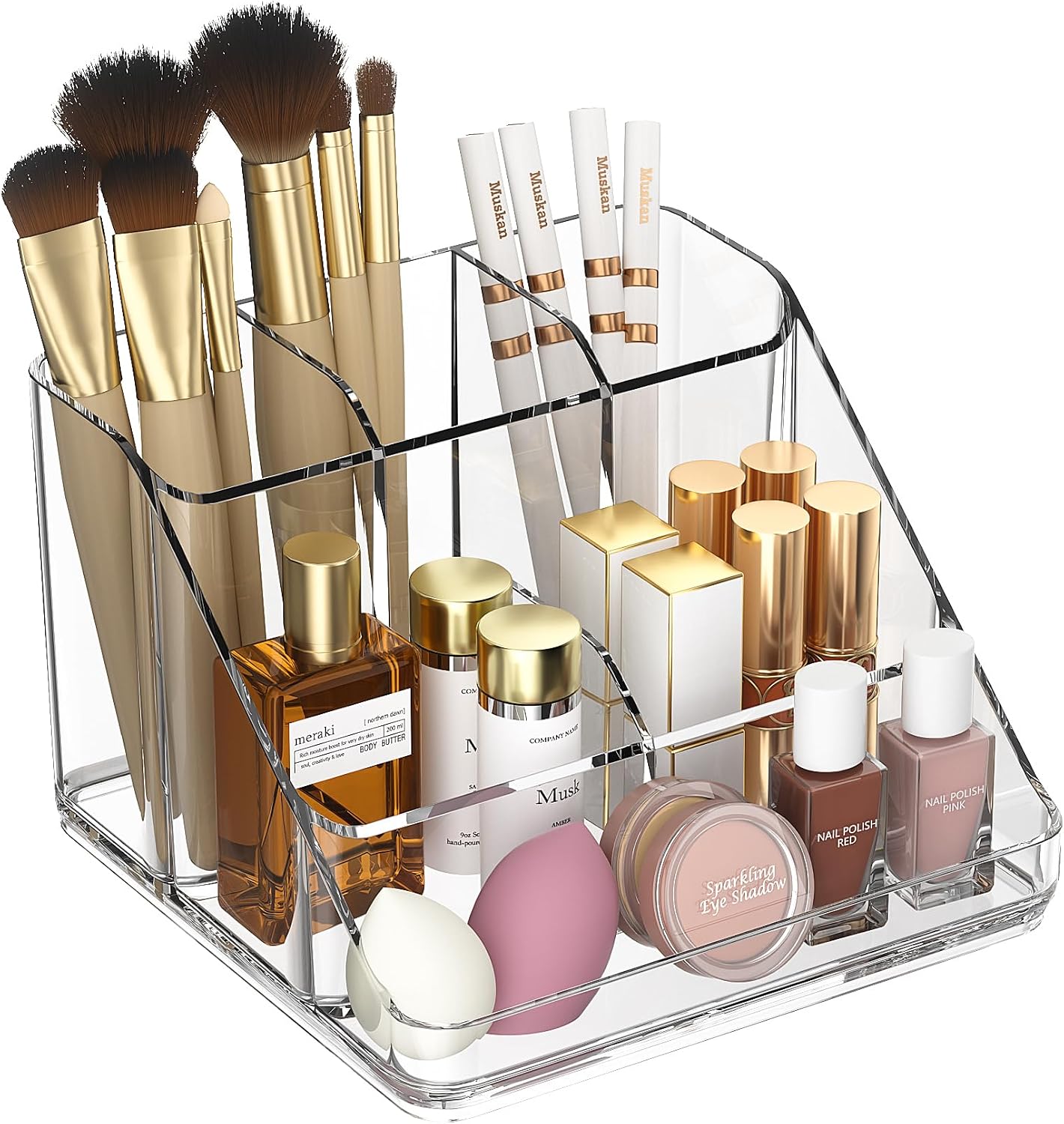 Ettori Makeup Organiser Tray,Vanity Cosmetic Organiser with 6-Compartment,High Clear Acrylic Countertop Storage for Cosmetic,Jewelry, Skincare,Stationery