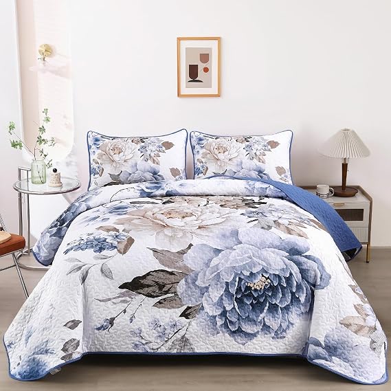 WONGS BEDDING Quilt Full Size, 3 Pcs Soft Blue Floral Bedspread Bedding Set
