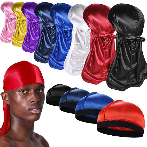 8+4 Silky Durag with Wave Caps for Men, Satin Durag Pack for 360 Waves,A