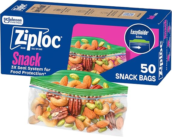 Ziploc Snack Bags, Easy Open and Close, Small Plastic Food Storage Bags, 50 Bags Total