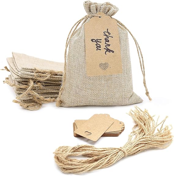 SumDirect 20 PCS Burlap Gift Bags 5x7 inch Small Gift Bags drawstring with 20 Tags, Small Burlap Bags with Drawstring for Wedding Party Christmas DIY Craft