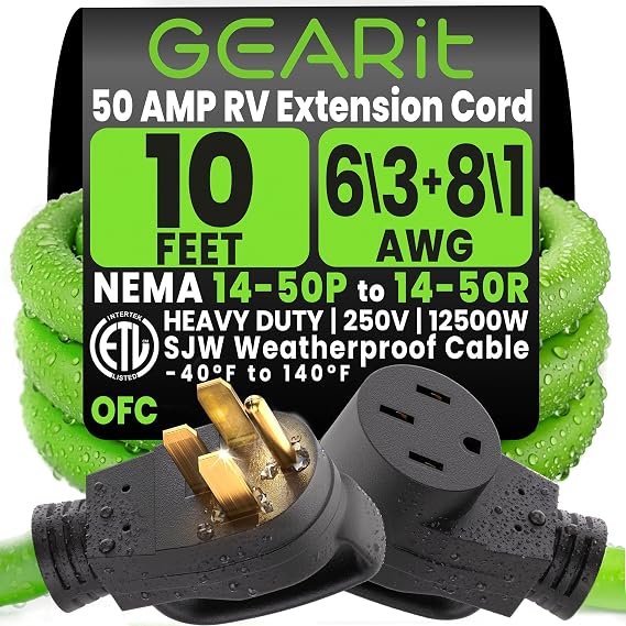 GEARit 50 Amp RV Extension Cord 10 Ft, NEMA 14-50P to 14-50R, Weatherproof