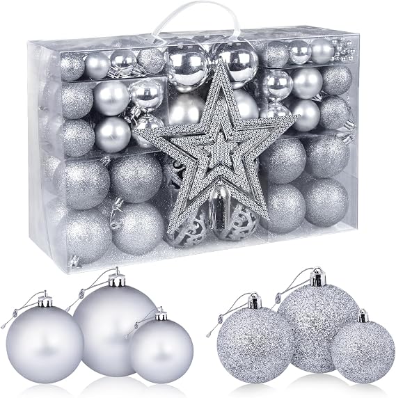 Anstore Silver Christmas Ornaments, 98 PCS Christmas Tree Balls Ornaments, Silver Christmas Ornaments, Plastic Christmas Ornaments Balls with Christmas Tree Topper and Bead Chains for Christmas Decor