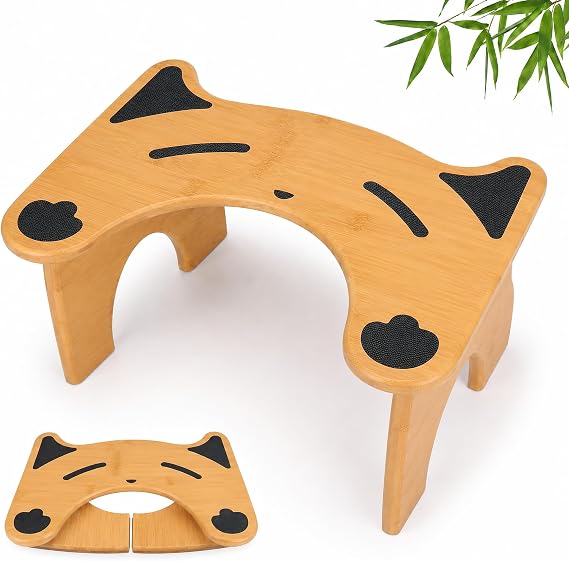 Bamboo Foldable Toilet Stool, 7 Inch Poop Stool for Adults, Non-Slip Squatting Bathroom Stool, Space Saving Potty Stool for Standard Toilets