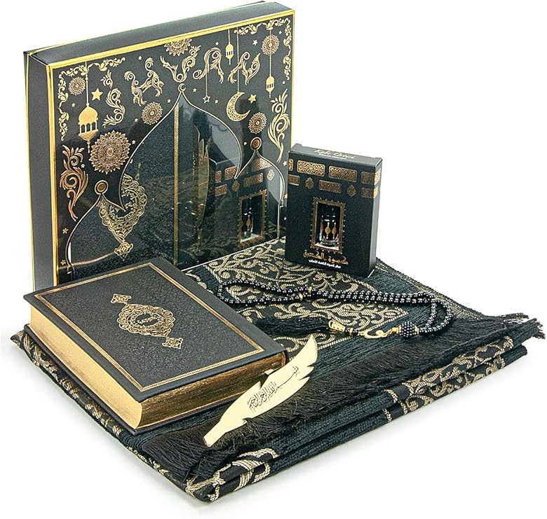ihvan online Prayer Gift Set for Men & Women, Muslim Prayer Rug, Salah Mat, Beads Taasbih, Arabic Holy Quran, Islamic Gift Set for Ramadan & Eid, Black
