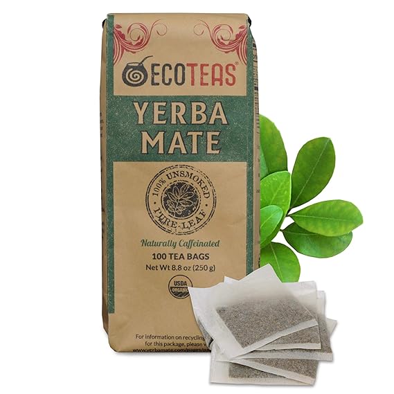 ECOTEAS Premium Organic Yerba Mate Tea Bags Natural Energy & Detox Herbal Tea Coffee Alternative - Kosher, Non-GMO, Gluten-Free - 100 Unsmoked Bulk Bags, 8.8 oz (Pack of 1)