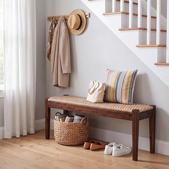 Vintage Entryway Bench with Woven Rope Seat, 46" Acacia Wood, Dark Brown
