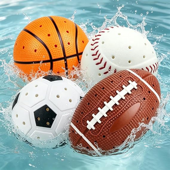 4 PCS Water Splash Ball, Pool Football Basketball Soccer Baseball Toys, Outdoor Swimming Pool Beach Bath Water Toys for Kids Toddler, Backyard Games Summer Birthday Gifts for Boys Girl