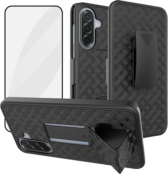 Ailiber for Samsung Galaxy A17 5G/A26 Case Holster, Screen Protector-Black | Swivel Belt Clip Kickstand Holder, Slim Slide Shell Pouch Full Body Protective, Rugged Shockproof Outdoor Cell Phone Cover