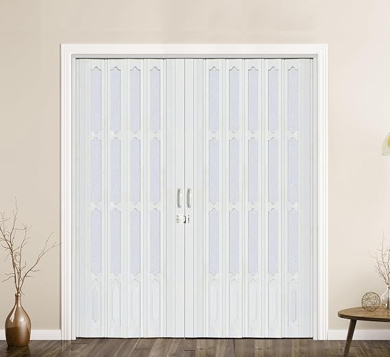 DIYHD 72X80in Interior Double Glass Accordion Door for Big Opennings, White | Bi Folding Closet Door, Includes Mounting Hardware, Double-sided Handle, Latch, Doors Close Middle