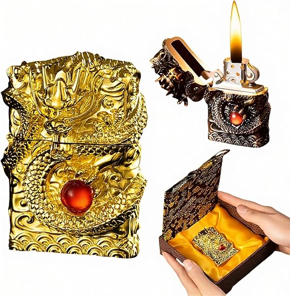 Refillable Kerosene Lighter - Vintage Dragon Design, Windproof Soft Flame Trench Lighter for Men & Women, Collectible Antique Gifts (Gold)