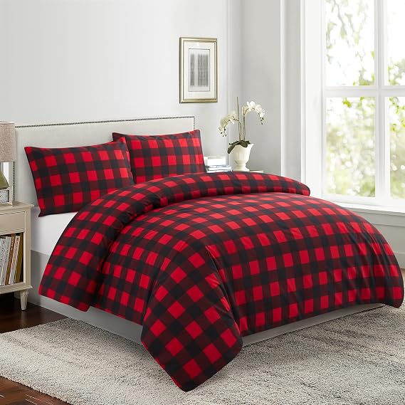 Marina Decoration Ultra Soft Silky Zipper Rich Printed Rayon Derived from Bamboo All Season 3 Pieces Duvet Cover Set with 2 Pillowcases, Red Black Plaid Pattern King Size