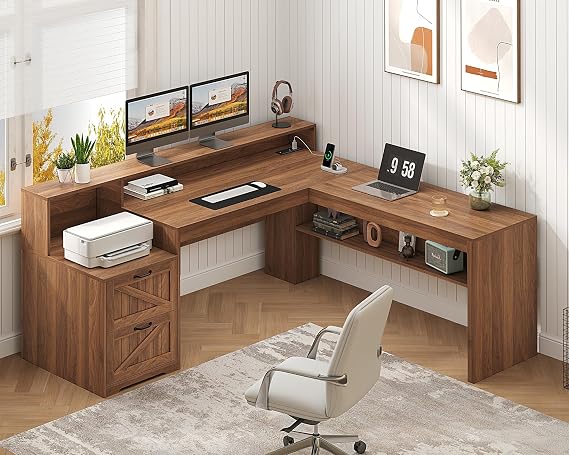 63" Farmhouse L Shaped Desk with Drawers & Storage Shelves for Home Office