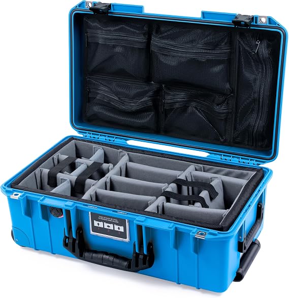 Pelican Air 1535 Carry-on Case by ColorCase - Electric Blue - Medium Size Waterproof Case with Gray Padded Microfiber Dividers & Mesh Lid Organizer - Black Handles & Latches