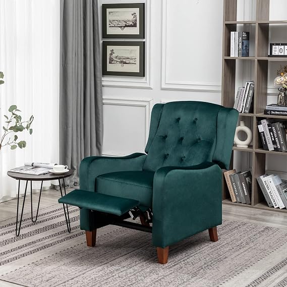 Recliner Chair, Pushback Recliner Armchair, Velvet Wingback Recliner Armchair, Soft Padded Leisure Sofa Accent Chair with Adjustable Backrest and Footrest - Green
