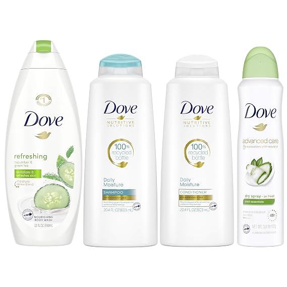 Dove Hair and Skin Care Regimen Pack Cool Moisture For Soft Skin and Clean Hair Includes 2 Hair and 2 Skin Care Products 4 Count