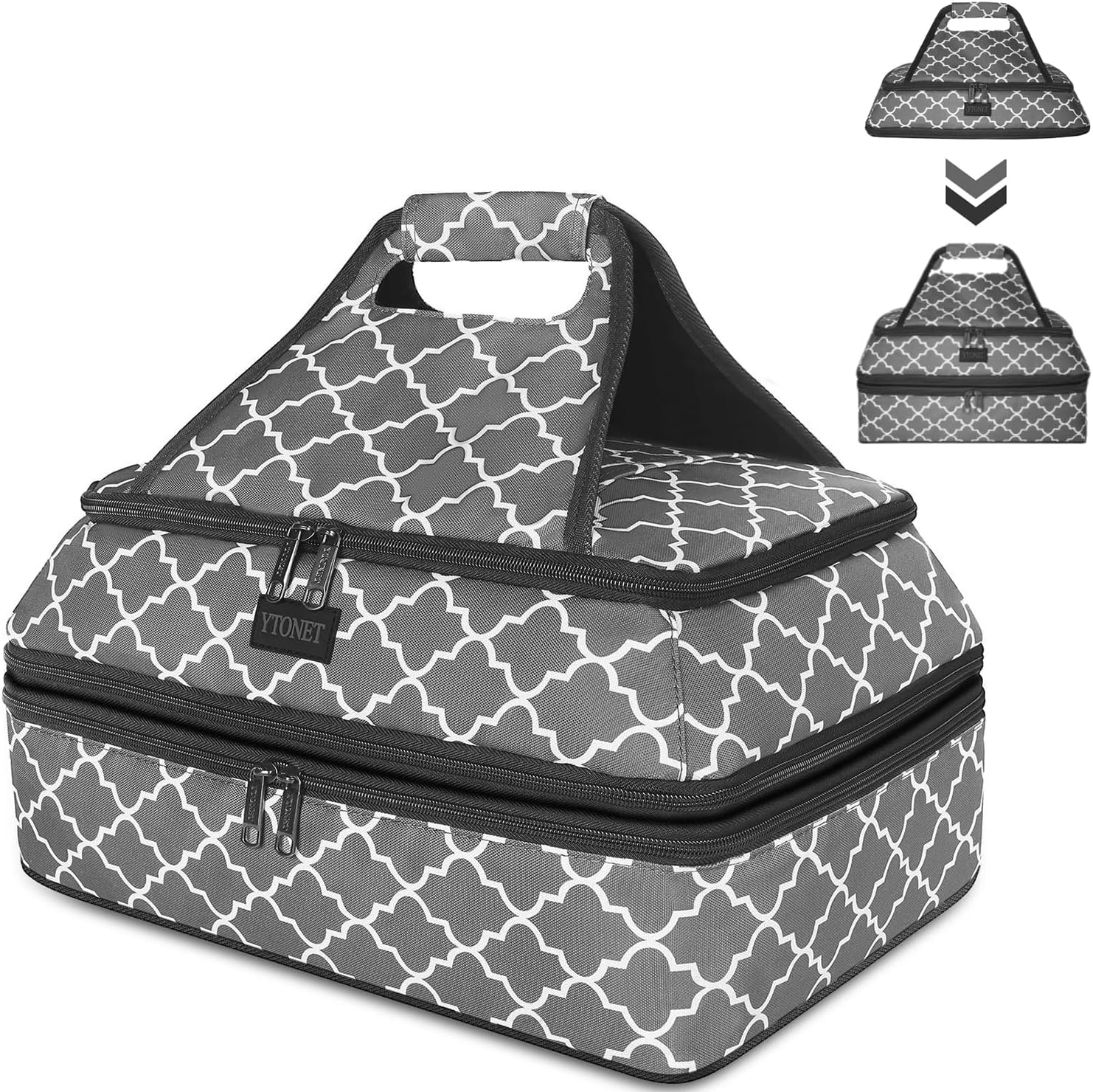 Casserole Carrier, Removable Casserole Carriers for Hot or Cold Food, Double Lasagna Holder Tote with Tableware Layer, Insulated Tote Bag for Potlucks, Parties, Picnics, Beaches, Camping, Grey