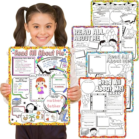 Pajean 45 Pcs All About Me Poster Star Student DIY Color Unframed Poster Supplies for Kindergarten, Elementary School Kids to Display Themselves with Pride(Read All About Me)