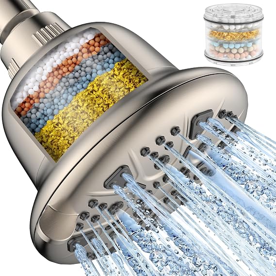 MakeFit Shower Head with Filter, High Pressure Shower Head with Water Softener for Hard Water, 7 Settings, Rain Shower Head for Bathroom, Remove Chlorine and Heavy Metals, Brushed Nickel