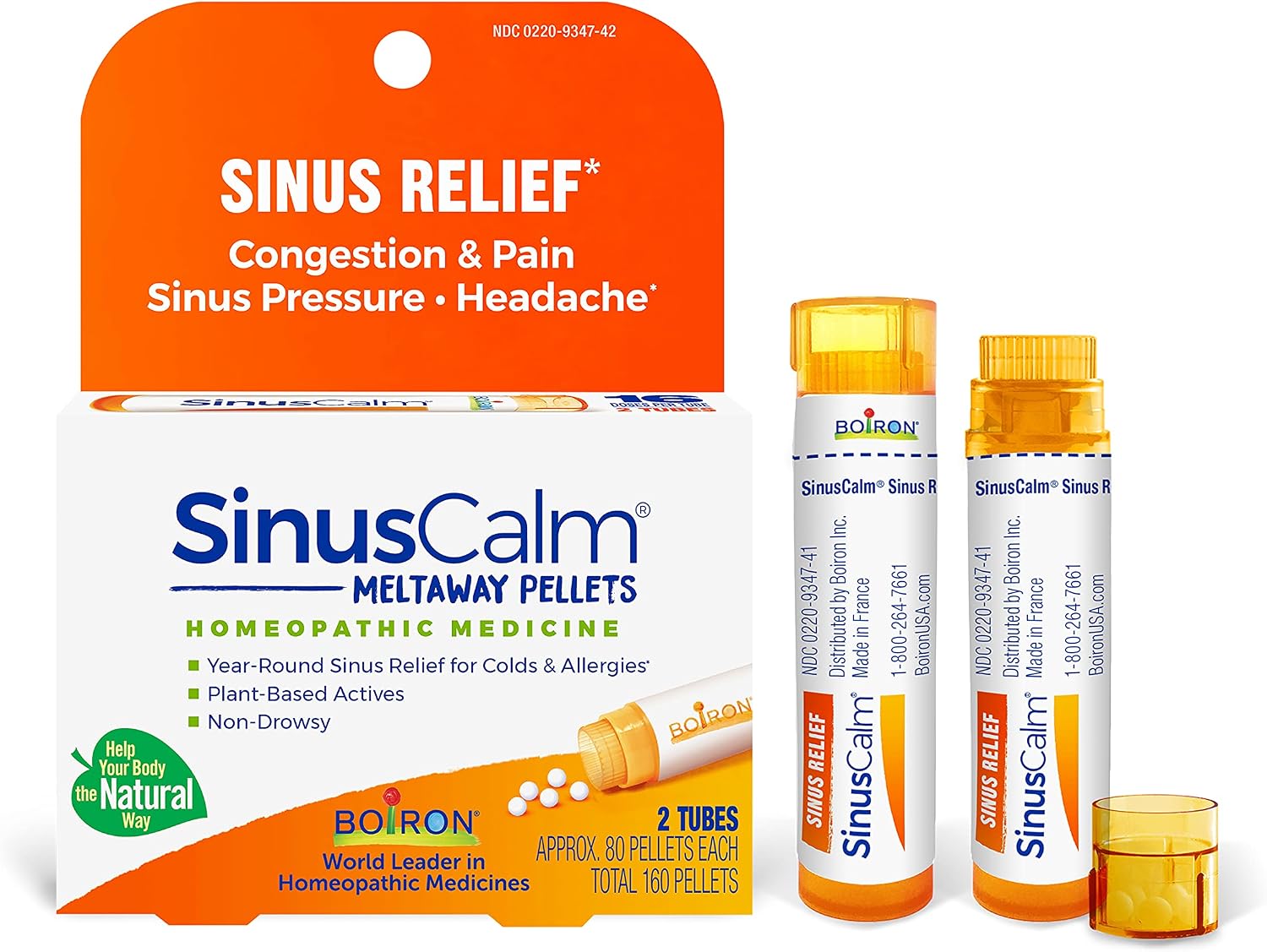 Boiron SinusCalm Pellets for Sinus Pain Relief, Runny Nose, Congestion, Sinus Pressure, Headache - 2 Count 160 pellets
