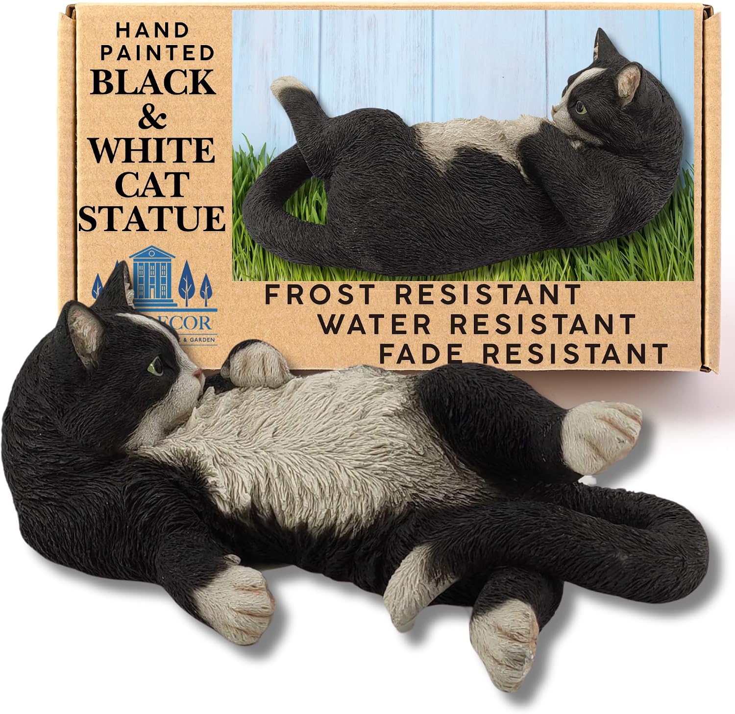 G&H Decor – 38cm Black and White Cat Ornament – Hand Finished Cat Garden Ornaments Outdoor with Intricate Detail – Frost and Fade Resistant Cat Ornaments - Cat Statue Gifts for Cat Lovers