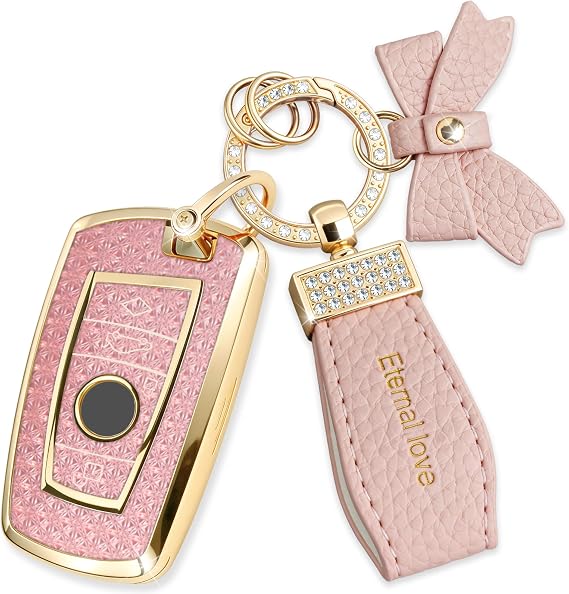 Key Fob Cover with Diamond Keychain, Car Key Shell for Women, Compatible with BMW X1 X3 X4 X5 X6 1 2 4 5 6 7 M3 M5 M6 GT3 GT5 G30 F10 F15 F16 F20 Key Protector (3 Buttons-Pink Bowknot)